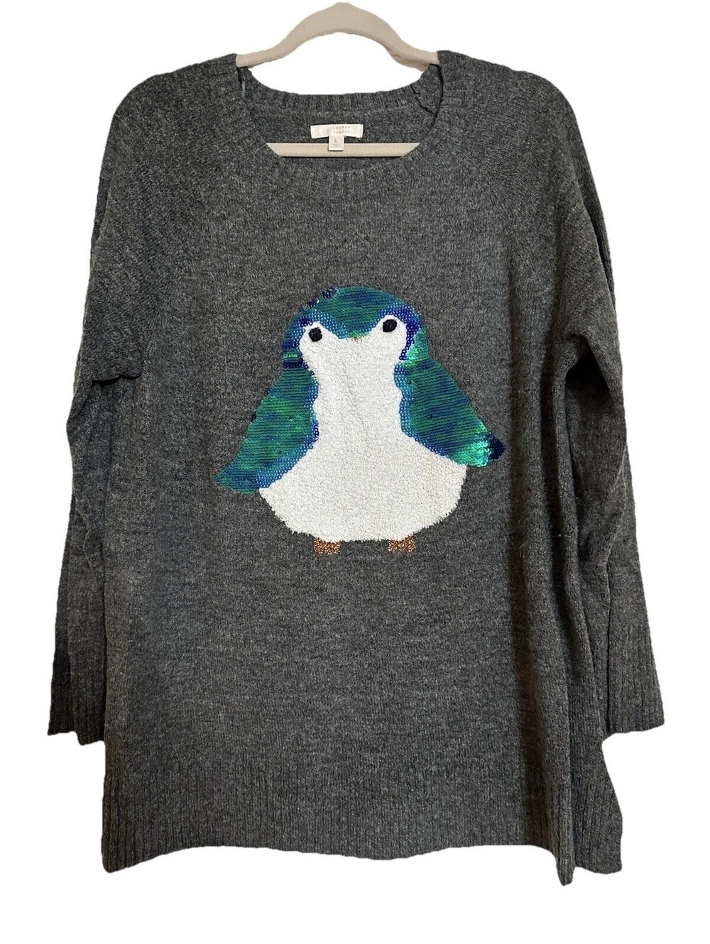 LC Lauren Conrad Womens L Tunic Sweater Gray Marled Sequin Penguin Stretch Scoop